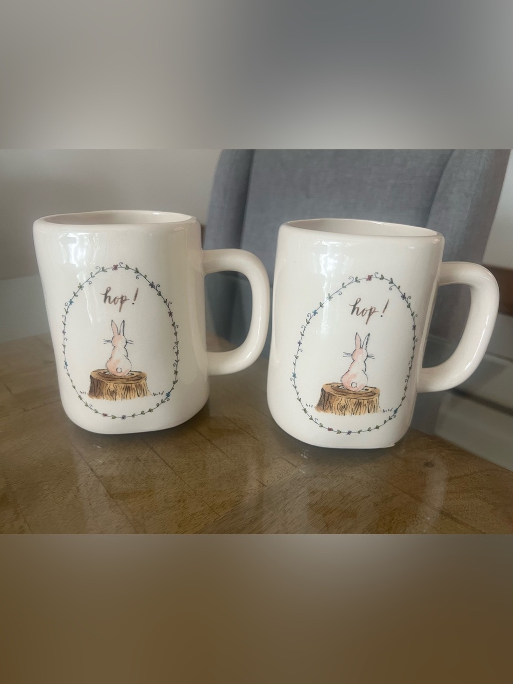 Rae Dunn Cream Bunny 'Hop' Mug Set - Floral Wreath Design